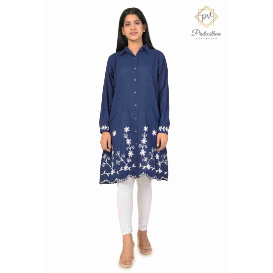 Classy Blue Cotton Kurti Embroidery border for women's