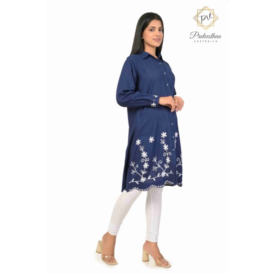 Classy Blue Cotton Kurti Embroidery border for women's