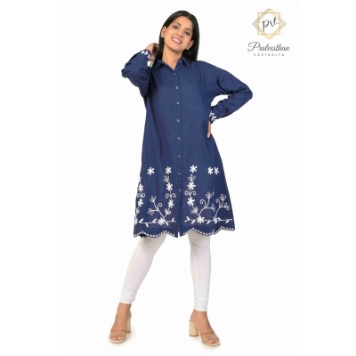 Classy Blue Cotton Kurti Embroidery border for women's