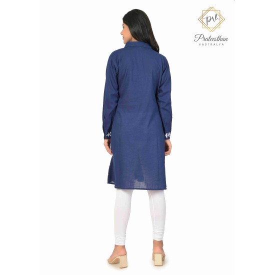 Classy Blue Cotton Kurti Embroidery border for women's