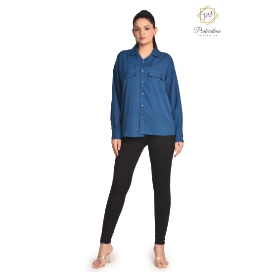 Stylish Solid And Fitted Casual Blue Women's Shirts