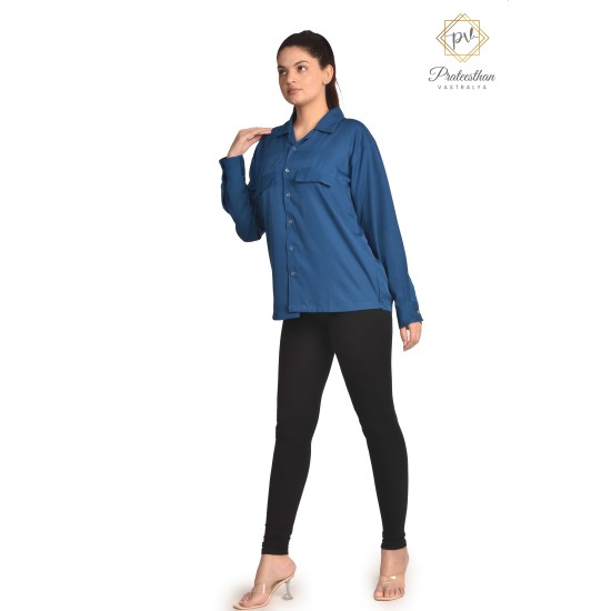 Stylish Solid And Fitted Casual Blue Women's Shirts