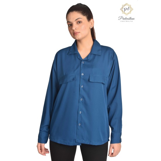 Stylish Solid And Fitted Casual Blue Women's Shirts