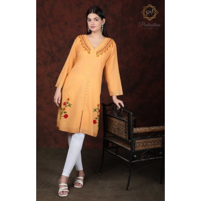 Simply Pretty Casual Wear Cotton Orange color Neck Embroidery Kurti