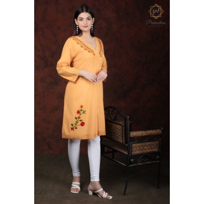 Simply Pretty Casual Wear Cotton Orange color Neck Embroidery Kurti