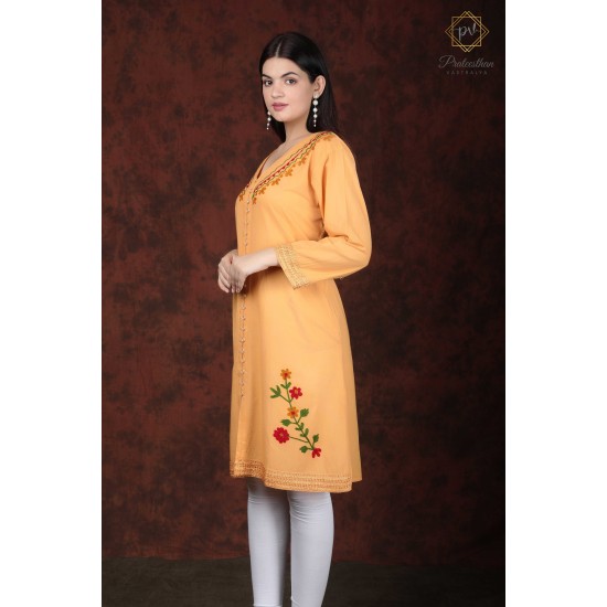 Simply Pretty Casual Wear Cotton Orange color Neck Embroidery Kurti