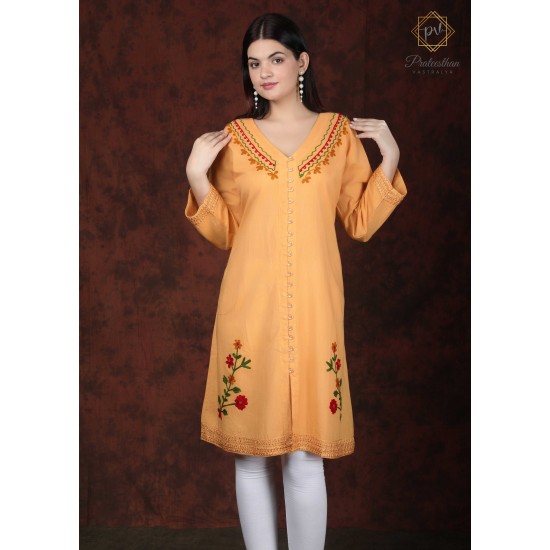 Simply Pretty Casual Wear Cotton Orange color Neck Embroidery Kurti