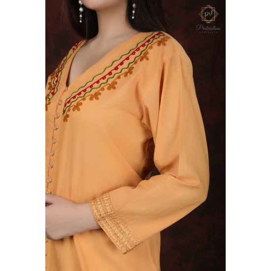 Simply Pretty Casual Wear Cotton Orange color Neck Embroidery Kurti