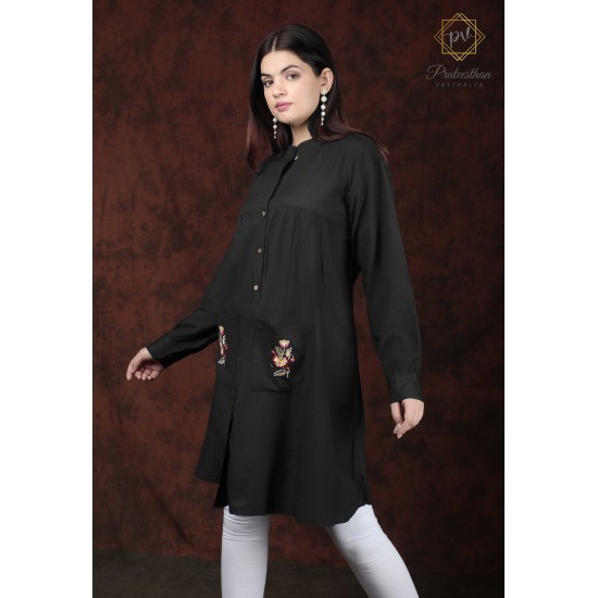 Trendy Casual Wear Cotton Black Chambray Women Kurti Dress