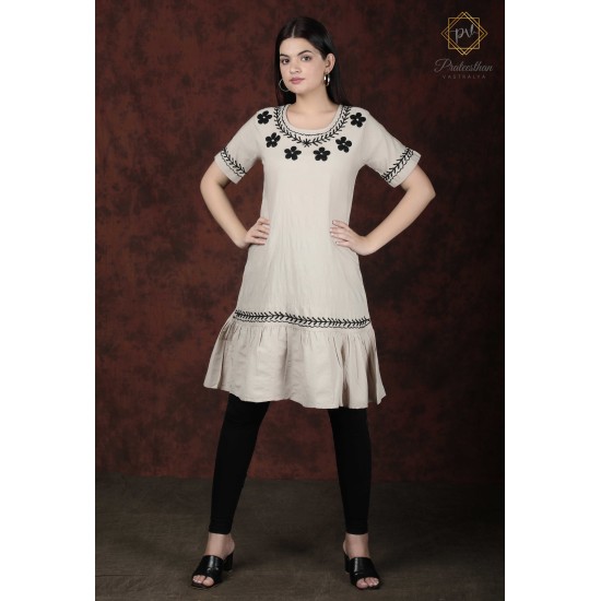 White Neck Embroidery Flared Comfy Women's Kurti