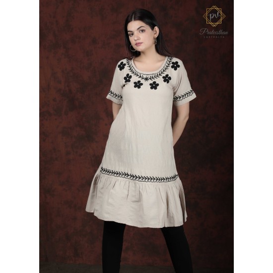 White Neck Embroidery Flared Comfy Women's Kurti