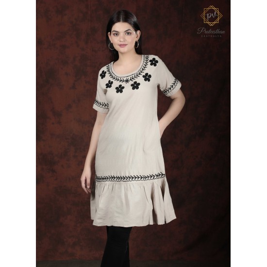 White Neck Embroidery Flared Comfy Women's Kurti