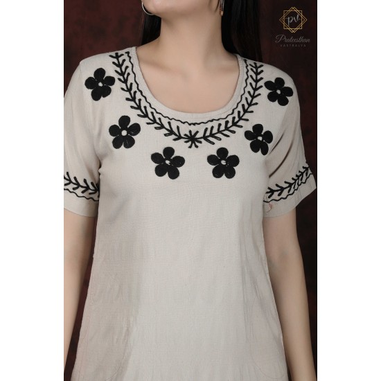 White Neck Embroidery Flared Comfy Women's Kurti