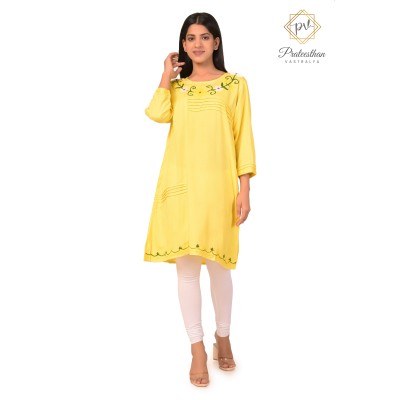 Stylish Comfy Cotton Embroidery Neck Yellow Kurti For Women's