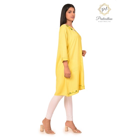 Stylish Comfy Cotton Embroidery Neck Yellow Kurti For Women's