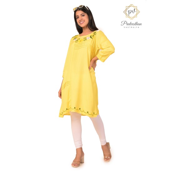 Stylish Comfy Cotton Embroidery Neck Yellow Kurti For Women's