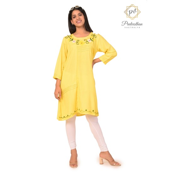 Stylish Comfy Cotton Embroidery Neck Yellow Kurti For Women's