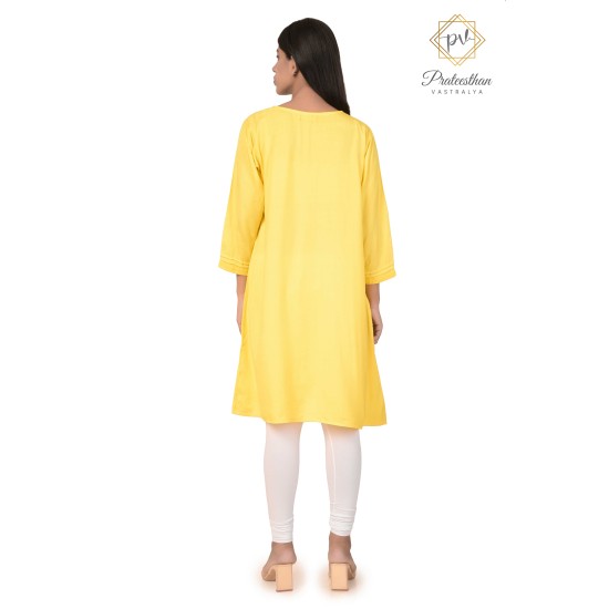 Stylish Comfy Cotton Embroidery Neck Yellow Kurti For Women's