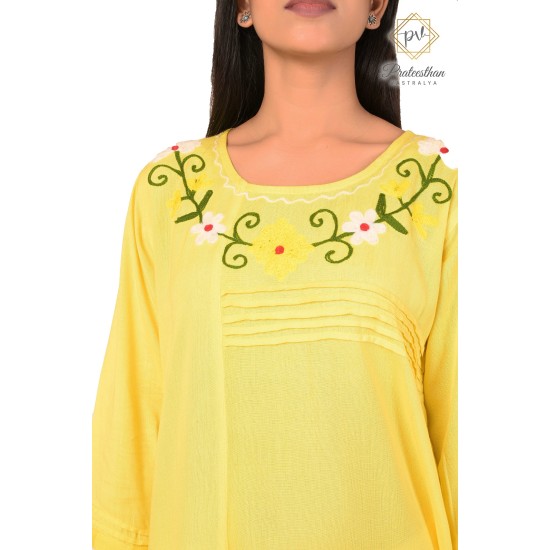 Stylish Comfy Cotton Embroidery Neck Yellow Kurti For Women's