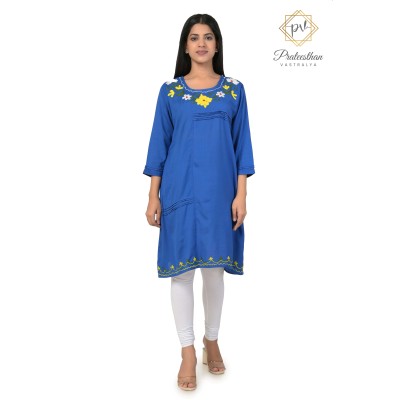 Effortlessly Embroideried Neck Stylish Blue Comfy Kurti For Women's