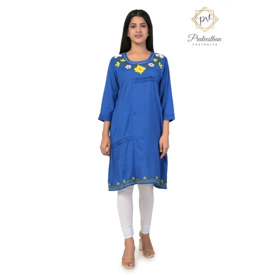 Effortlessly Embroideried Neck Stylish Blue Comfy Kurti For Women's