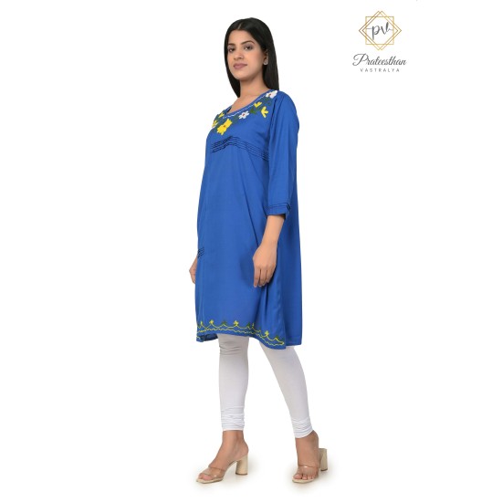 Effortlessly Embroideried Neck Stylish Blue Comfy Kurti For Women's