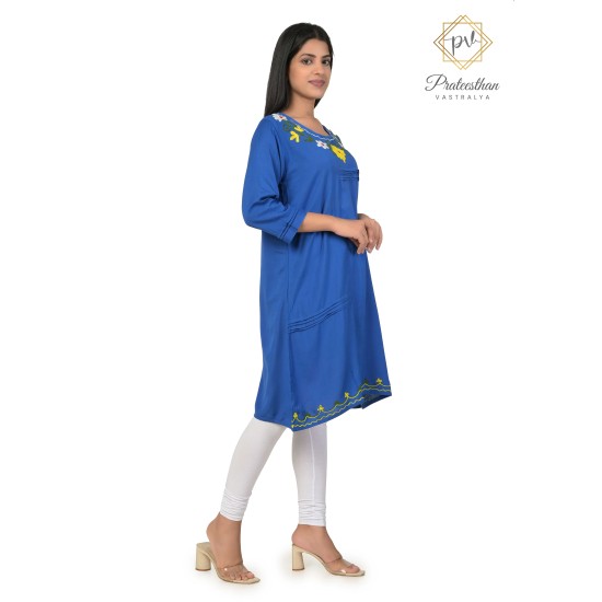 Effortlessly Embroideried Neck Stylish Blue Comfy Kurti For Women's