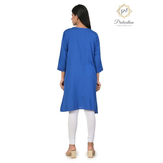 Effortlessly Embroideried Neck Stylish Blue Comfy Kurti For Women's