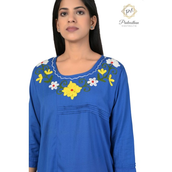 Effortlessly Embroideried Neck Stylish Blue Comfy Kurti For Women's