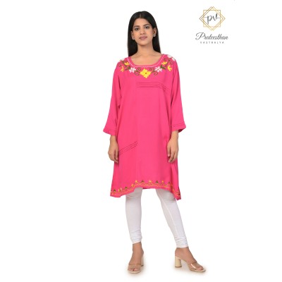 Pretty Fit And Solid Cotton Embroidery Neck Pink Kurti