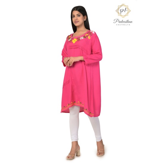 Pretty Fit And Solid Cotton Embroidery Neck Pink Kurti