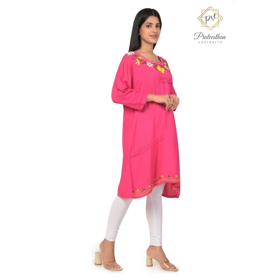 Pretty Fit And Solid Cotton Embroidery Neck Pink Kurti