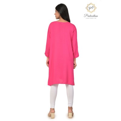 Pretty Fit And Solid Cotton Embroidery Neck Pink Kurti