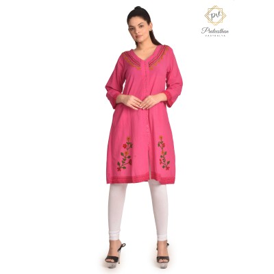 Women's Stylish Comfy Fit Solid Cotton Pink color Neck Embroidery Kurti