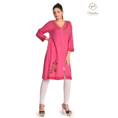 Women's Stylish Comfy Fit Solid Cotton Pink color Neck Embroidery Kurti