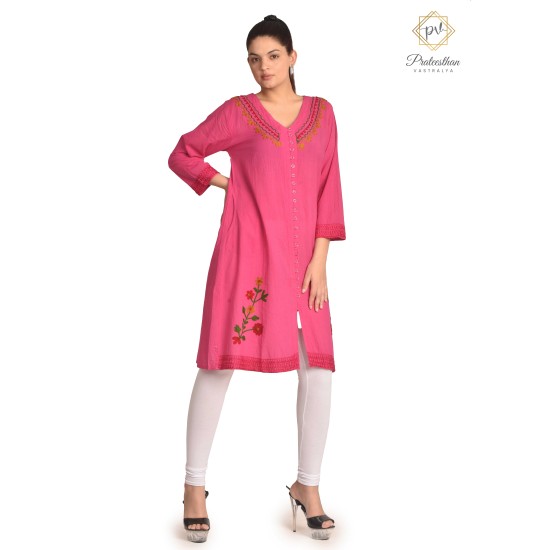 Women's Stylish Comfy Fit Solid Cotton Pink color Neck Embroidery Kurti