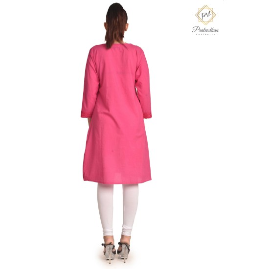 Women's Stylish Comfy Fit Solid Cotton Pink color Neck Embroidery Kurti