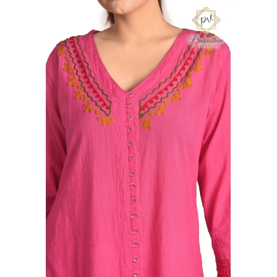 Women's Stylish Comfy Fit Solid Cotton Pink color Neck Embroidery Kurti