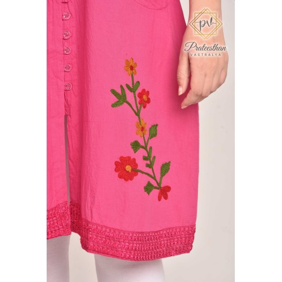 Women's Stylish Comfy Fit Solid Cotton Pink color Neck Embroidery Kurti