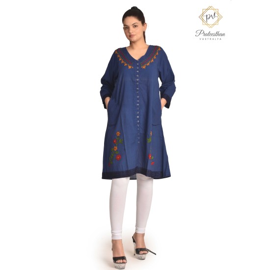 Fashionable Casual Wear Cotton Blue color Neck Embroidery Kurti