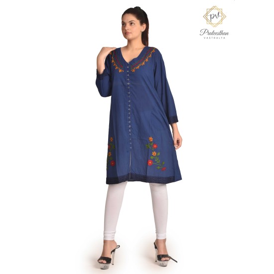 Fashionable Casual Wear Cotton Blue color Neck Embroidery Kurti