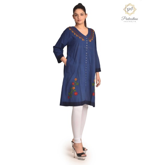 Fashionable Casual Wear Cotton Blue color Neck Embroidery Kurti