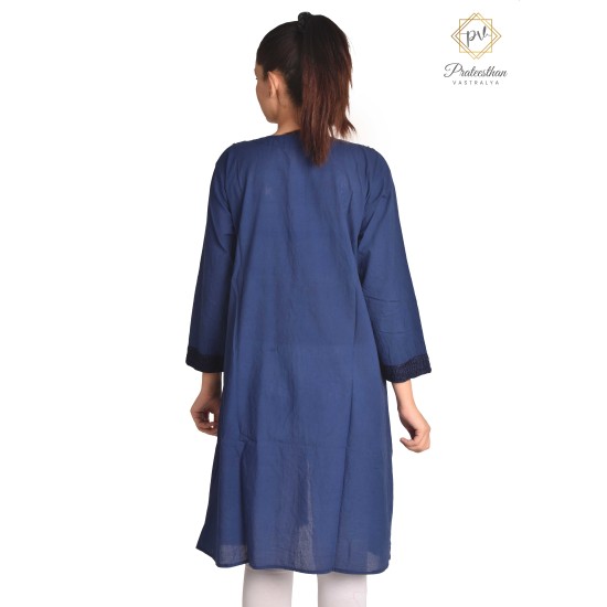 Fashionable Casual Wear Cotton Blue color Neck Embroidery Kurti