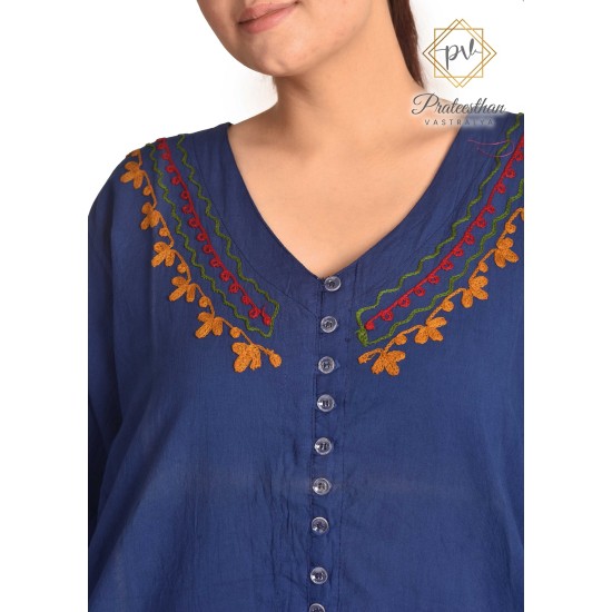 Fashionable Casual Wear Cotton Blue color Neck Embroidery Kurti