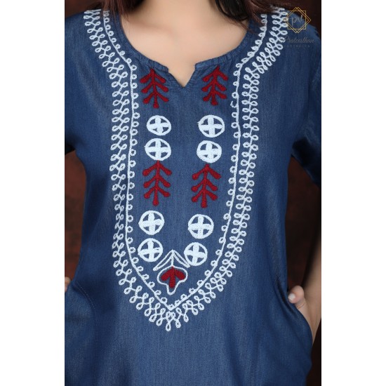 Stylish Beautiful Printed Neck Women's Denim Kurti