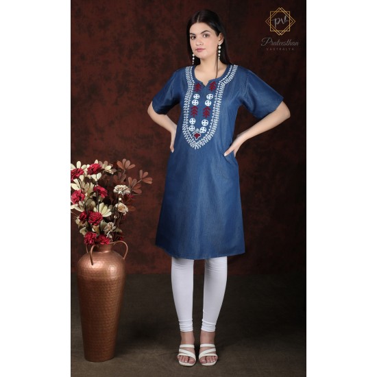 Stylish Beautiful Printed Neck Women's Denim Kurti