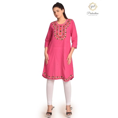 Pink Simple Beautiful Neck Embroidery Cotton Women's Kurti