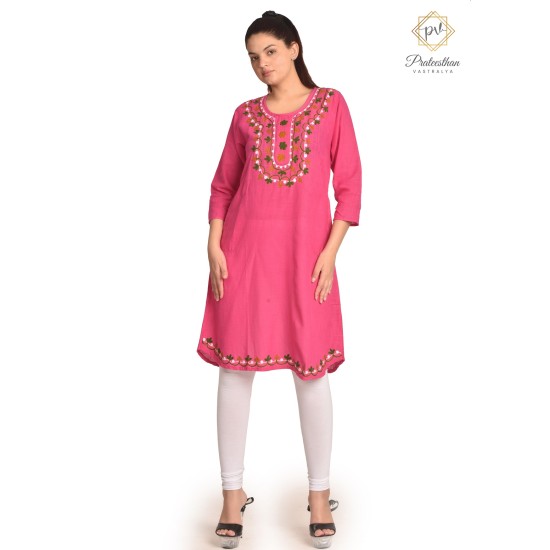 Pink Simple Beautiful Neck Embroidery Cotton Women's Kurti