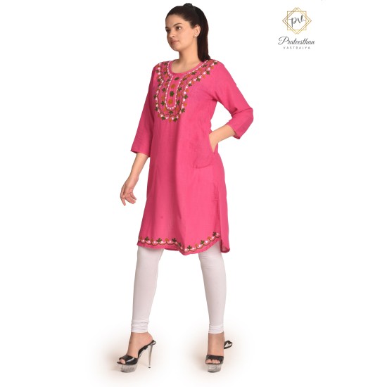 Pink Simple Beautiful Neck Embroidery Cotton Women's Kurti