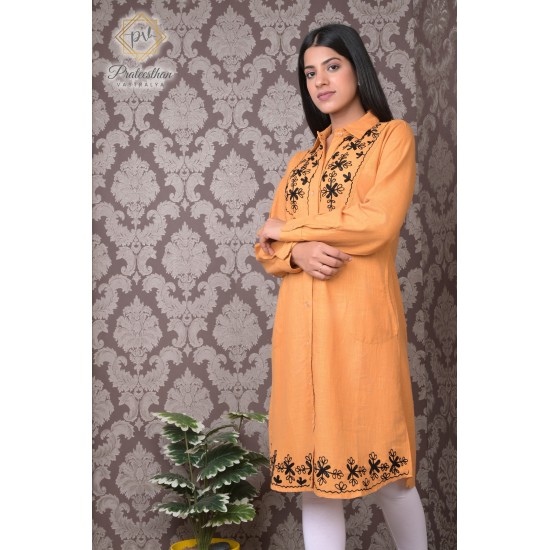 Trendy Casual Wear Cotton Women embroidered Orange Kurti Dress